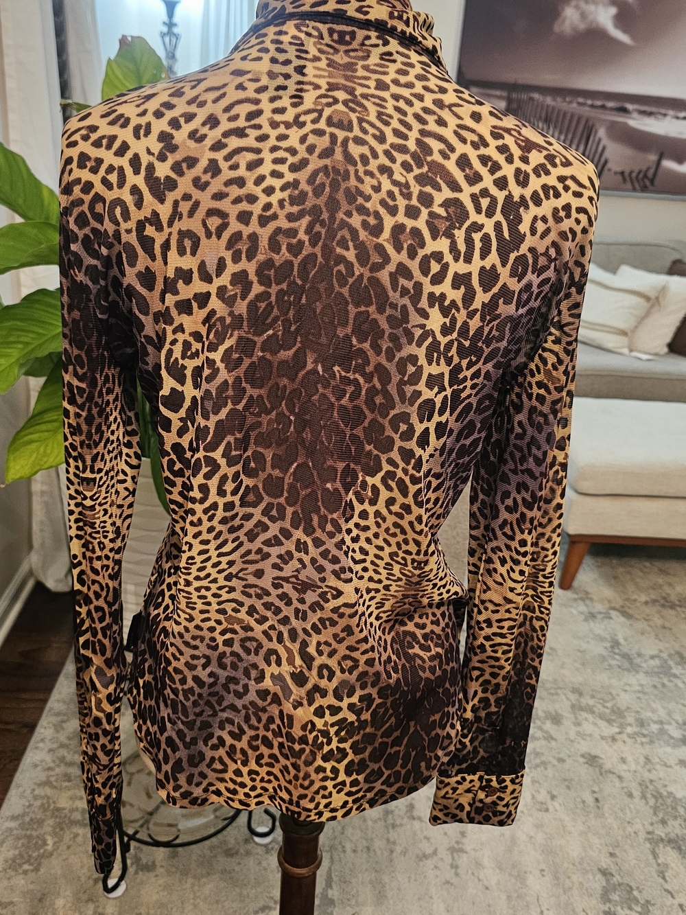 DKNY Leopard Print Button-Down Shirt in Brown and Black - Picture 3 of 4